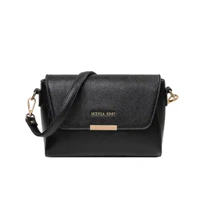 Sac bandoulière en cuir noir pour femme, sac à main décontracté élégant avec métal doré.
