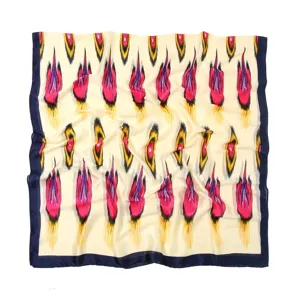 Silk satin square scarf featuring vibrant traditional Atlas ethnic print patterns and a dark blue border.