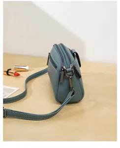 Blueish grey women crossbody shoulder bag with double zipper and slim strap for daily casual.
