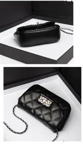 Detailed view of a chic black quilted women's shoulder crossbody bag with chain.