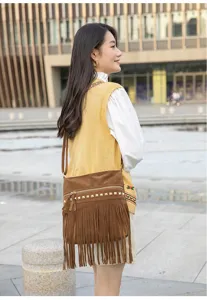 Retro bohemian brown fringe shoulder bag, stylish suede crossbody bag with metallic studs.