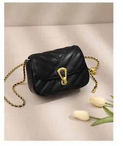 Black quilted crossbody chain bag featuring elegant gold hardware and chic chevron design.