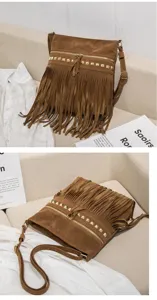 Retro fringe crossbody bag for women, brown suede shoulder bag with gold studs and tassels.