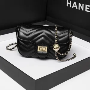 Black quilted chain crossbody bag for women, stylish minimalist shoulder bag with lock.