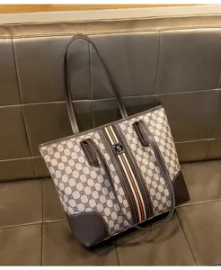Women vintage colorblock tote bag, large capacity commute shoulder bag with classic stripes.