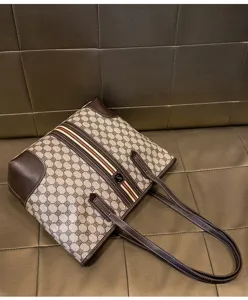 Women classic monogram tote bag vintage shoulder bag stylish commuter bag with web stripe