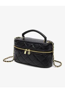 Black quilted leather vanity bag featuring gold chain strap, top handle and secure dual zippers.
