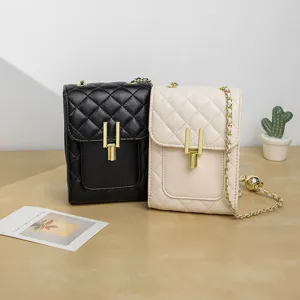 Elegant quilted crossbody phone bag with gold hardware, chic mini shoulder bag for women.