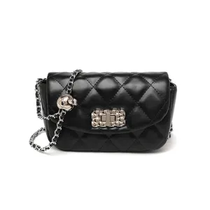 Classic black quilted leather shoulder bag with chic silver chain strap and metal lock for women.