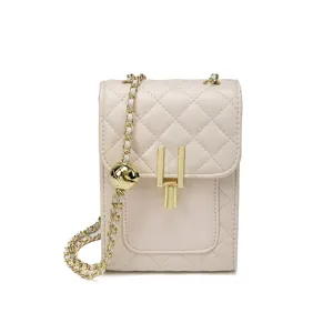 Chic beige quilted crossbody phone bag, stylish faux leather mini shoulder bag with gold chain.