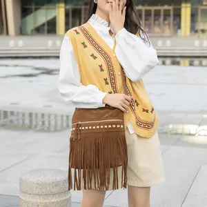 Vintage Ethnic Style Tassels PU Leather Shoulder Bag Women Large Capacity Casual Crossbody Bag Retro Chic Handbag