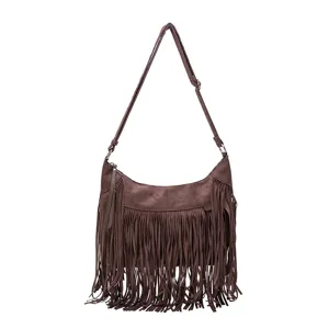 Sac à bandoulière vintage marron à franges, sac hobo crossbody en suédine pour femmes chic.