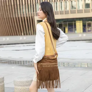 Retro bohemian fringe suede crossbody bag for women, stylish brown shoulder bag with studs.