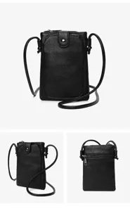 Black mini crossbody phone bag, minimalist PU leather shoulder bag for women detail view.