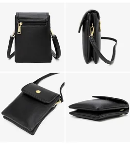 Détails en gros plan du mini sac à bandoulière en grain litchi noir avec matériel doré.