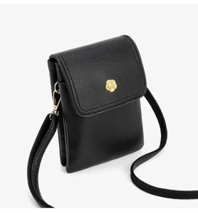 Sac bandoulière noir, petit sac pour téléphone en cuir grain litchi avec beau décor floral.
