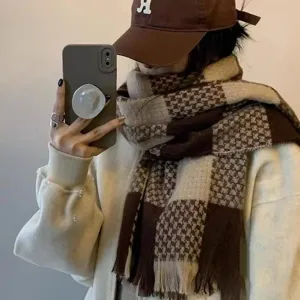 Women winter warm plaid imitation cashmere scarf with short fringe fashion casual neckerchief