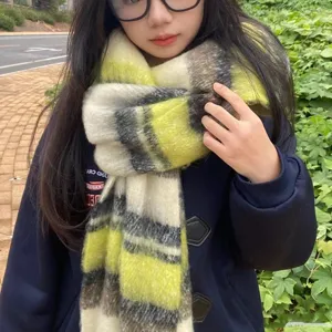 Winter long tassel plaid scarf detail, cozy Korean style warm neck wrap for women.