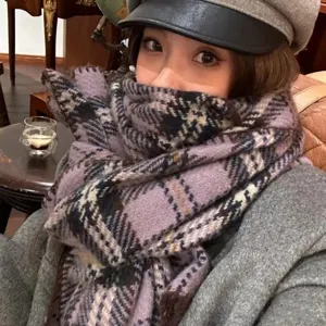 Cozy winter plaid tassel scarf for women, classic checkered pattern, warm neck wrap.