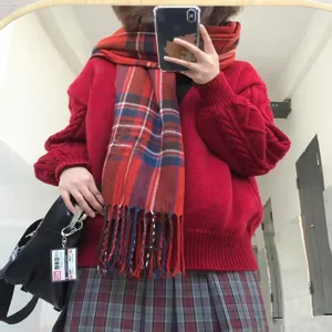 Korean style casual imitation cashmere plaid scarf winter warm tassel neck warmer unisex