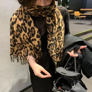 Leopard print winter long fringe scarf women cozy warm stylish fashion neck wrap accessory