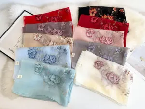 Mulberry silk wool blend embroidered lotus scarf women elegant floral shawl wrap winter warm