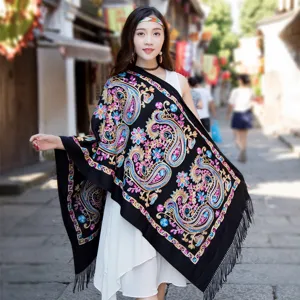 Ethnic embroidered cashmere-feel shawl, vibrant paisley design with fringe detail for women.