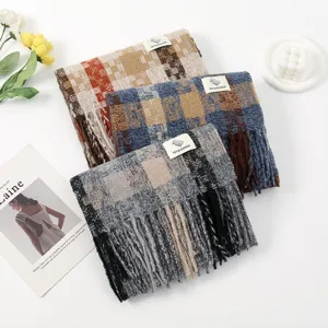 Cozy winter plaid tassel scarf set, stylish retro grid warm neck wrap for women