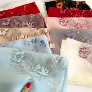 Mulberry silk wool blend embroidered lotus floral scarf elegant women shawl wrap scarf accessory