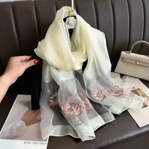 Exquisite lotus embroidered silk scarf, lightweight translucent shawl for elegant women's wear.
