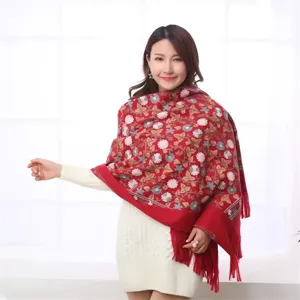 Women's cozy autumn winter ethnic floral embroidered imitation cashmere scarf wrap.