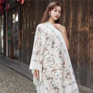 Women ethnic embroidered cashmere feel winter shawl vintage floral tassel wrap scarf travel