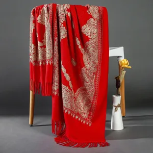 Red embroidered ethnic style cashmere feel shawl detail, elegant winter tassel scarf for women.