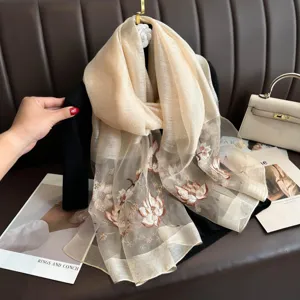 Elegant lotus embroidered silk scarf for women, luxurious lightweight shawl for qipao or dress.