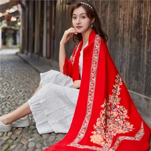 Women ethnic embroidery imitation cashmere shawl scarf for autumn winter travel daily wear