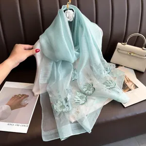 Elegant lotus embroidered silk scarf for women, lightweight mint green shawl for cheongsam.