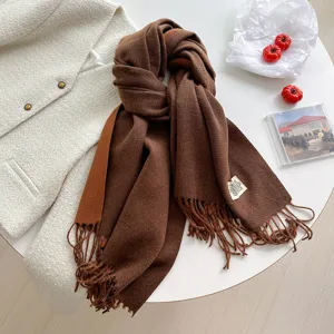 Cozy winter brown double-sided cashmere feel scarf with chic tassels for cold days.