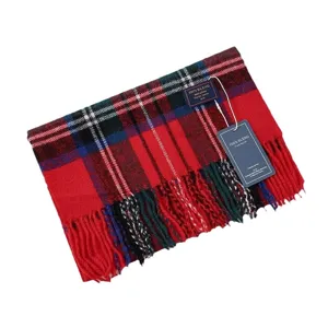 Classic red plaid winter scarf with fringe, cozy imitation cashmere unisex neck warmer warm