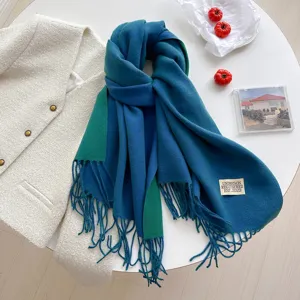 Detailed view of a stylish color-blocking cashmere-feel scarf with chic fringe and soft texture.