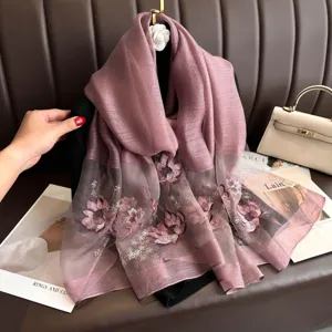 Lotus flower embroidered silk scarf women luxury wool blend shawl elegant floral wrap design