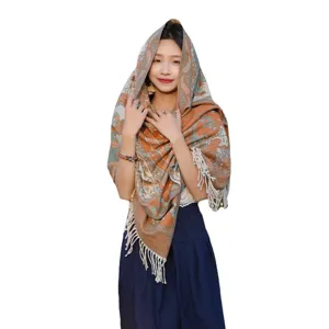 Bohemian paisley cashmere-feel women shawl scarf, ethnic travel fringe poncho winter wrap.