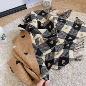 Cozy autumn winter plaid cashmere feel scarf with cute hearts, long tassel shawl warm neck.