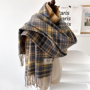 Damen Winter Kariert Imitation Kaschmir Schal Lange Quaste Retro Britischer Stil