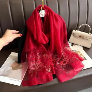 Red silk wool embroidered scarf lotus flower shawl elegant vintage wrap for women winter warm