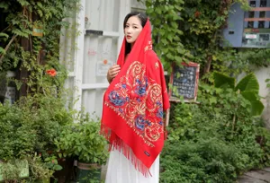 Autumn winter red cashmere feel embroidered shawl ethnic paisley tassel scarf for women.