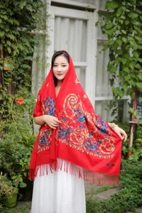 Women's red cashmere feel scarf ethnic paisley embroidered fringe winter warm shawl wrap
