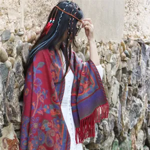 Ethnic fringe tassel shawl cozy blanket scarf for women travel winter warmth details
