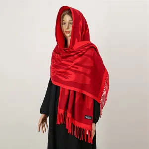 Traditional ethnic style red cashmere scarf shawl with tassels, thick warm winter wrap.