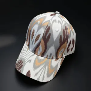 Detailed close-up shot of the stylish ethnic style baseball cap featuring unique ikat pattern.