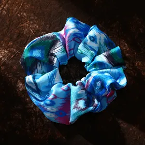 Xinjiang ethnic style Atlas silk blue fabric hair scrunchie cute hair tie for daily wear.